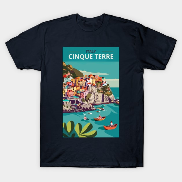 A Vintage Travel Art of Cinque Terre - Italy T-Shirt by goodoldvintage